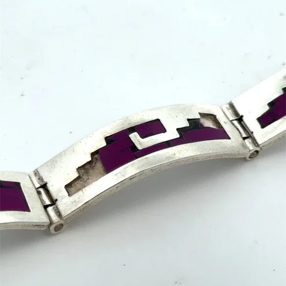 Taxco Mexico TM-275 925 Sterling Silver Purple Inlay Wave Panel Bracelet